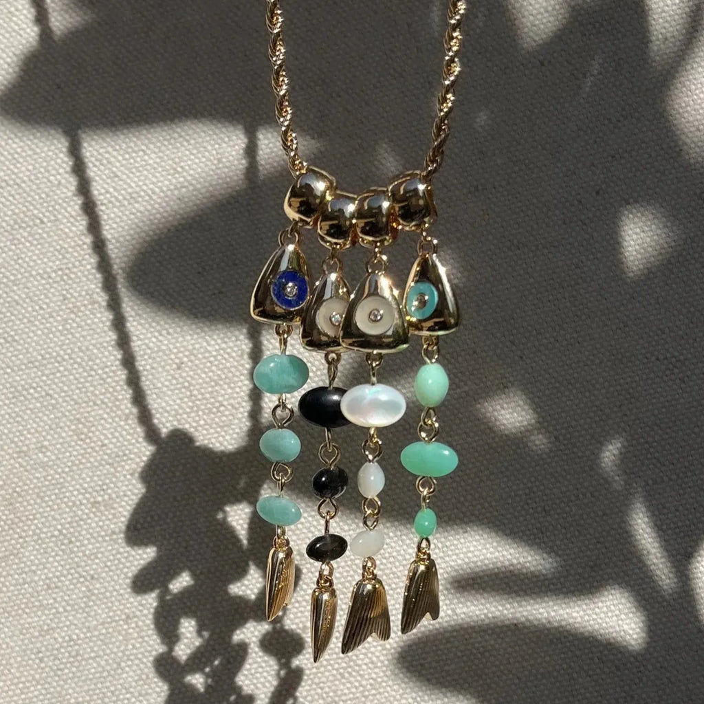 18k Gold Plated Stainless Steel Fishbone Pendant Necklace Featuring White Opal Charm for Women