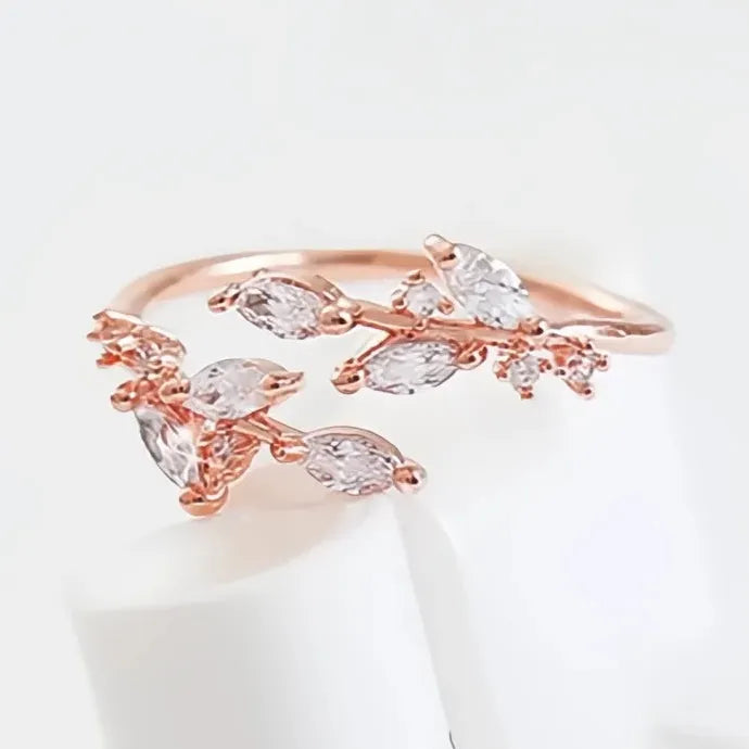 Women’s Wedding Ring Branch Leaves Opening 3 Metal Colors Brass CZ Band