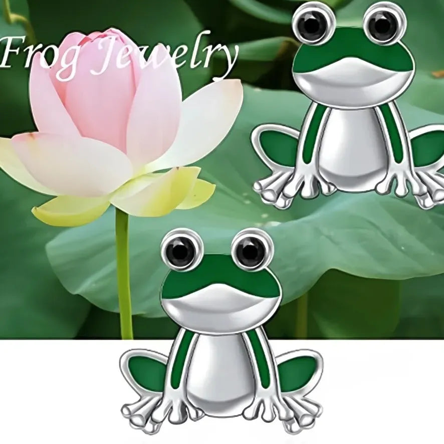 Green Frog Brass Enamel Stud Earrings Animal Jewelry Gift for Women & Teens