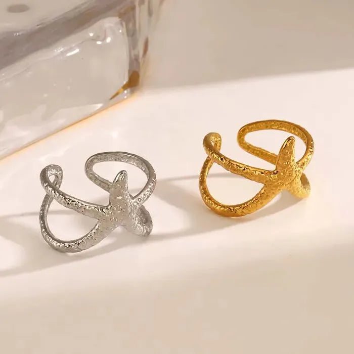 Adjustable Stainless Steel Starfish Ring for Women Men Gold Jewelry Gift