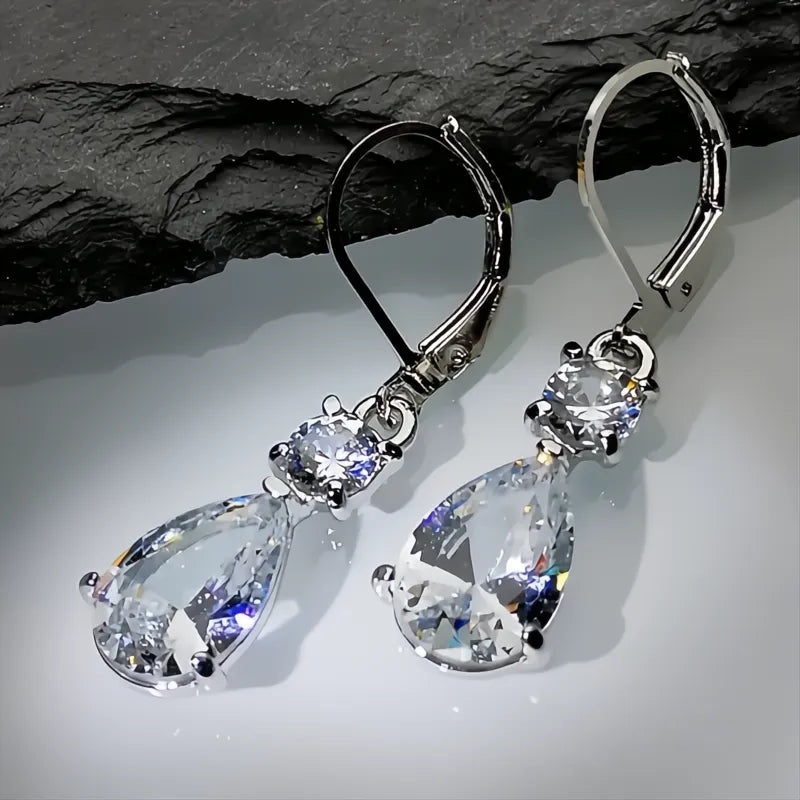 Crystal Hanging Drop Earrings with Pear Cubic Zirconia, Elegant Women’s Wedding Party Jewelry