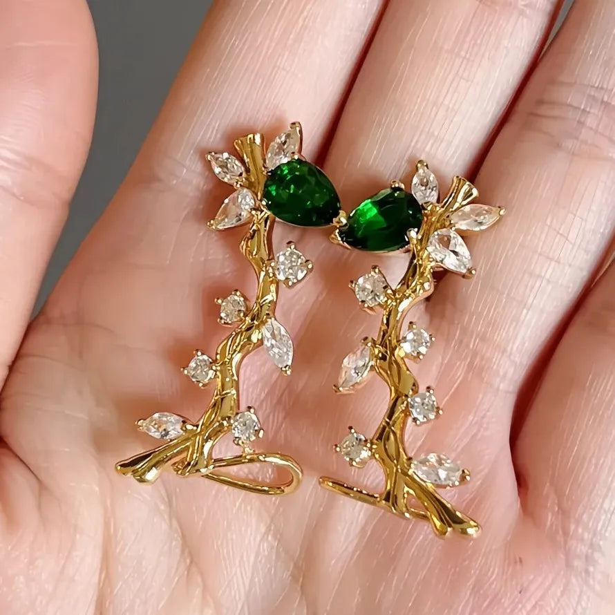2022 Green White CZ Cubic Zirconia Branch Clip Earrings Copper Alloy