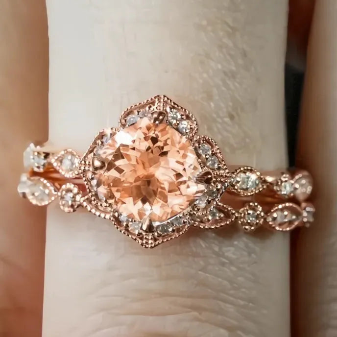White Champagne Pink CZ 2Pcs Rose Gold Zinc Alloy Wedding Rings for Women Party Jewelry
