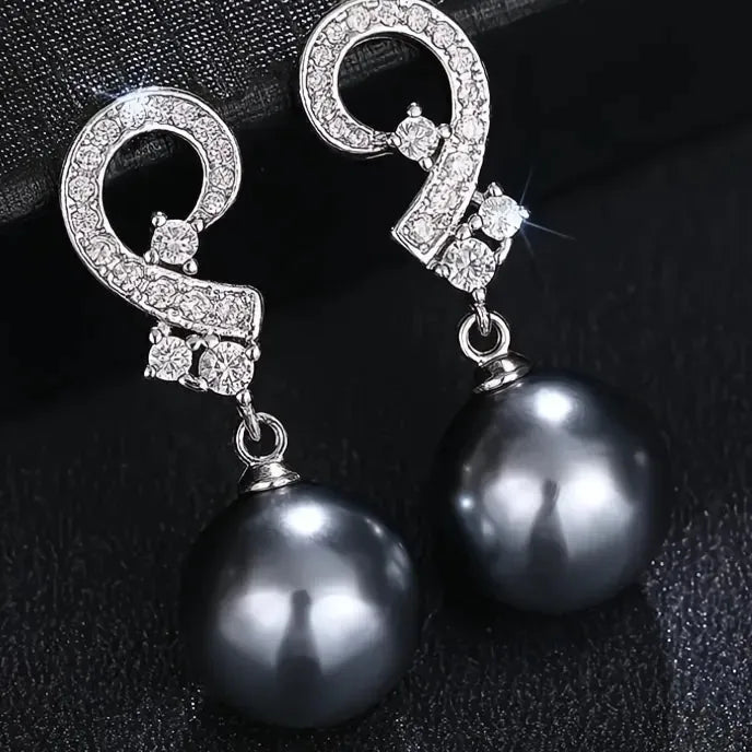Elegant Black Imitation Pearl Drop Earrings for Women with Shiny CZ Wedding Party Jewelry