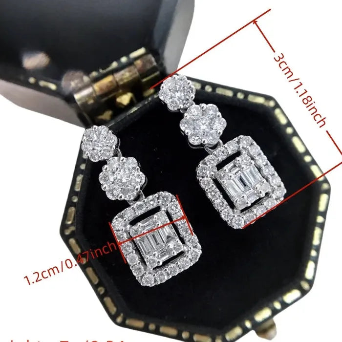Geometric Flower Hollow Silver Earrings with White Stone Party Pendant for Women