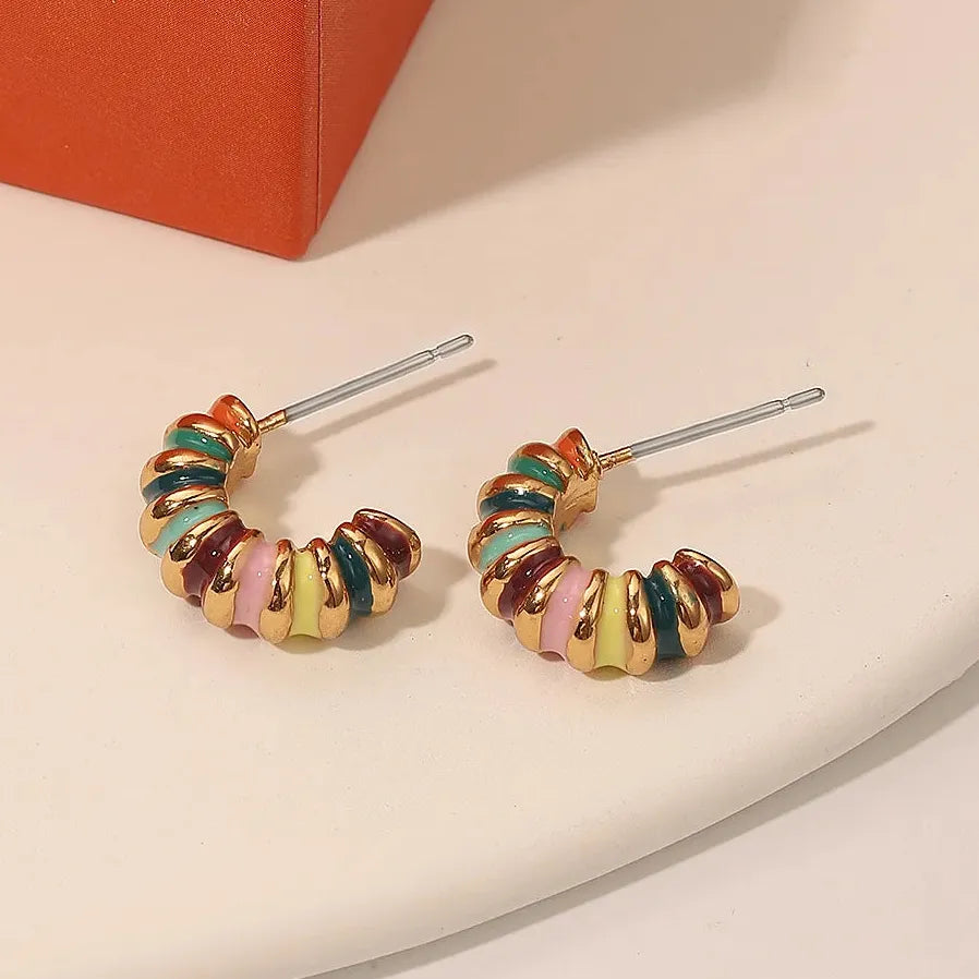 French Retro Enamel Gold Hoop Earrings 2025 Geometric Drop Jewelry Women