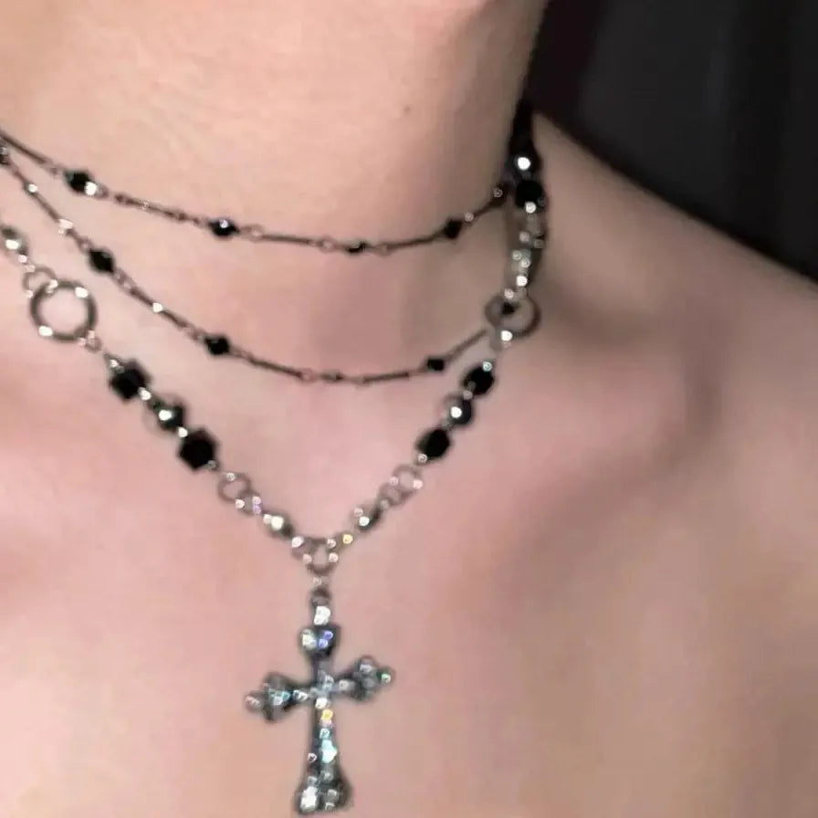 Punk Hiphop Black Cross Pendant Necklace Y2K Gothic Rhinestone Jewelry