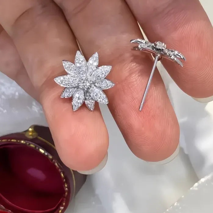 Geometric Crystal Flower Stud Earrings Copper CZ Sparkling Jewelry Gift