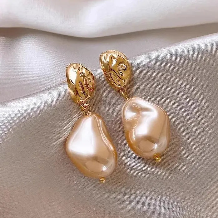 Irregular Champagne Pearl Drop Earrings Bridal Wedding Jewelry Gift Women