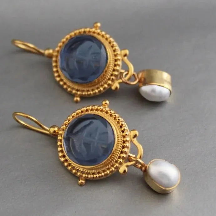 Blue Geometric Inlay Imitation Pearl Drop Earrings for Women Party Jewelry