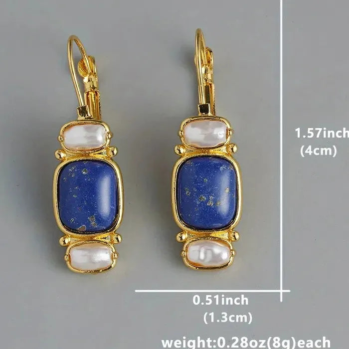 Vintage Handmade Curved Inlaid Blue Faux Gemstone Resin Earrings for Women