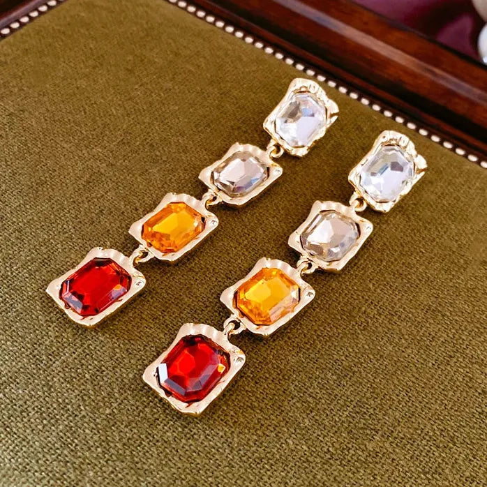 DREJEW Vintage Rhinestone Square Geometric Dangle Earrings for Women Silver Needle Gift