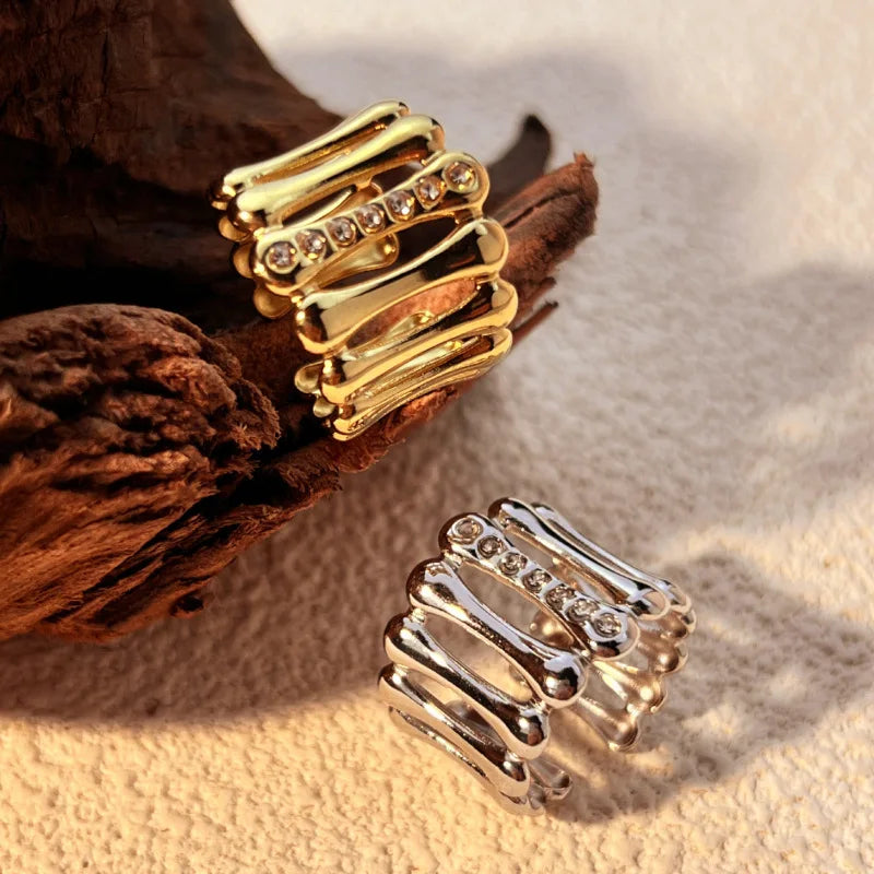 Stainless Steel Geometric Hollow Wide Ring Inlaid Zircon Knuckle Ring Daily Jewelry
