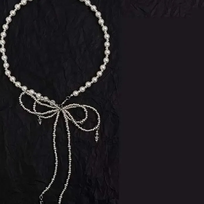 Punk Imitation Pearl Bowknot Hiphop Metal Bead Tassel Necklace Unisex