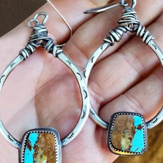 Vintage Bohemian Silver Elliptical Drop Earrings for Women Zinc Alloy Jewelry Gift