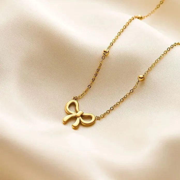 Gold Bowknot Pendant Necklace for Women Beaded Chain Fashion Jewelry