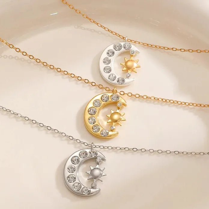 Zircon Moon Sun Pendant Necklace Copper Chain Vintage Gift 2026