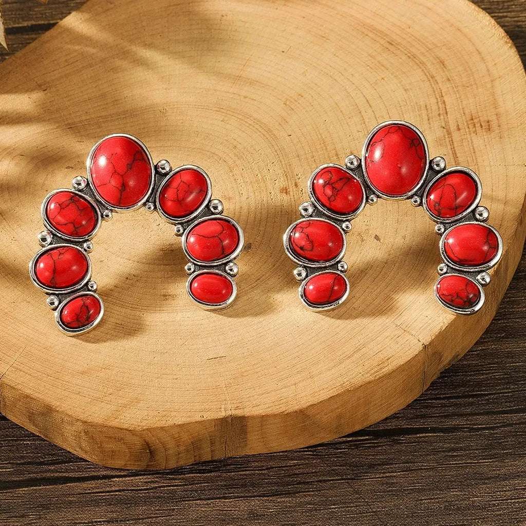 Vintage Tribal Ethnic Blue Rose Red Gemstone Zinc Alloy Earrings for Women