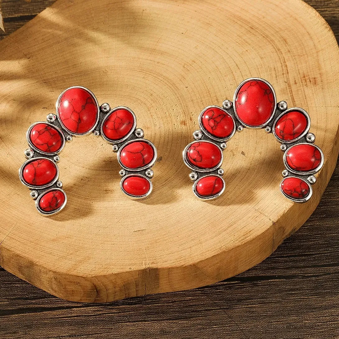 Vintage Tribal Ethnic Blue Rose Red Gemstone Zinc Alloy Earrings for Women