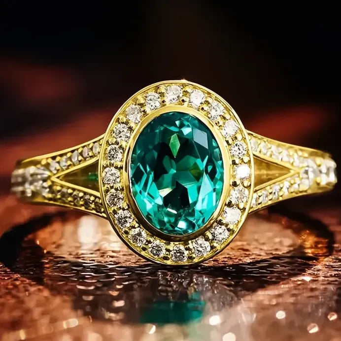 Elegant Gold Oval Blue CZ Cubic Zirconia Brass Women’s Fashion Ring