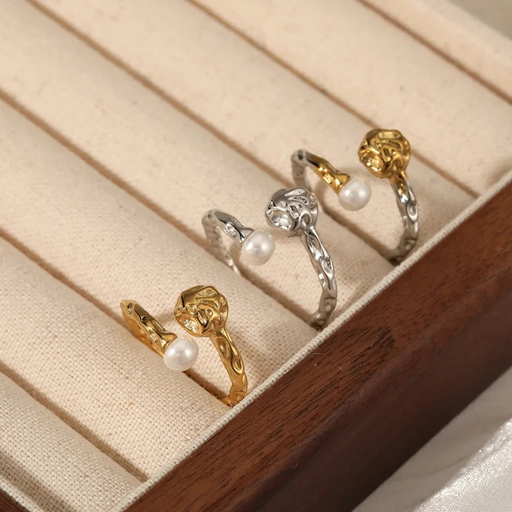 18K Gold Plated Lava Texture Pearl Ring Waterproof Designer Double Color Statement