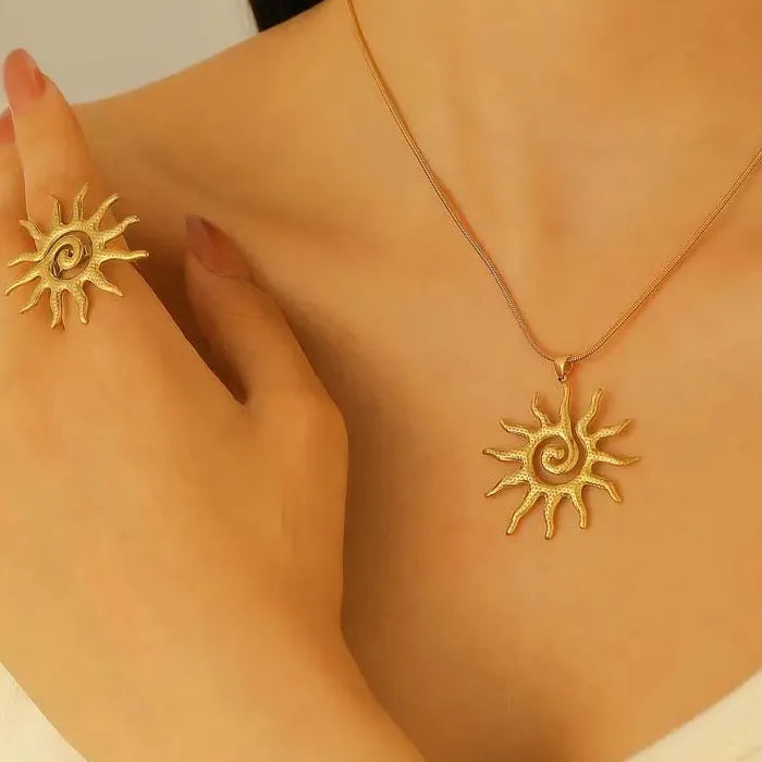 Stainless Steel Sun Pendant Necklace & Ring Set for Women Jewelry Gift