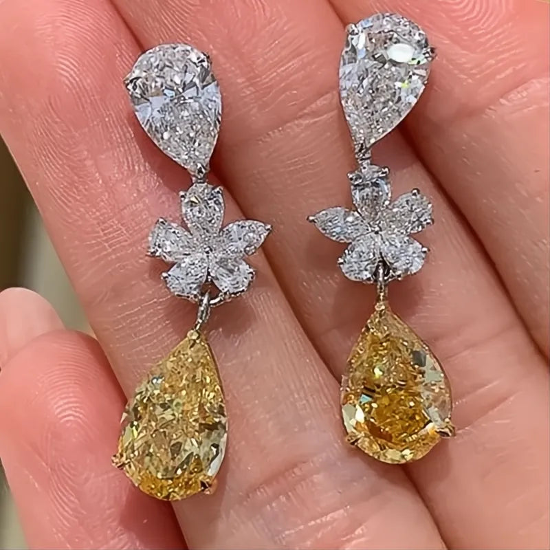 Aesthetic Bride Wedding Drop Earrings for Women Yellow Cubic Zirconia Flower Luxury Jewelry