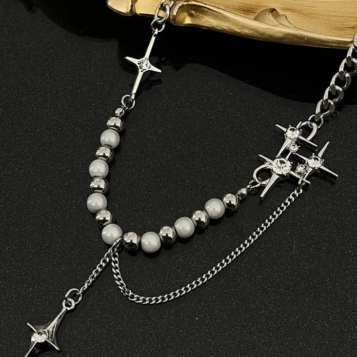 Kpop Star Pendant Necklace Men Women Beaded Pearl Tassel Choker Jewelry