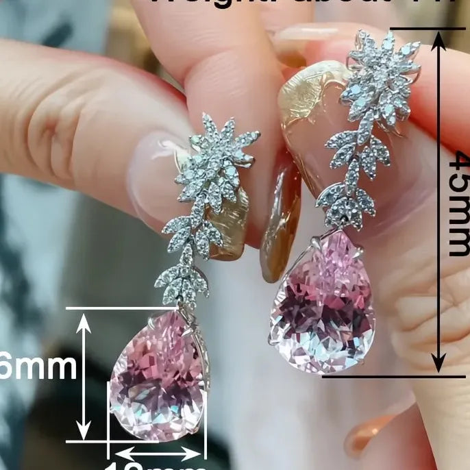 Elegant Women Geometric Drop Earrings Copper Alloy Pink Pear Cubic Zirconia