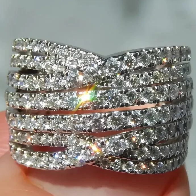 Multi-layer Wide Cross Cocktail Ring Women Silver Cubic Zirconia Jewelry