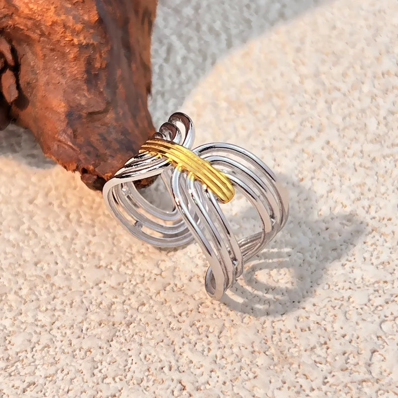 18k Gold Plated Punk Geometric Hollow Out Wide Wire Ring for Women Party Jewelry