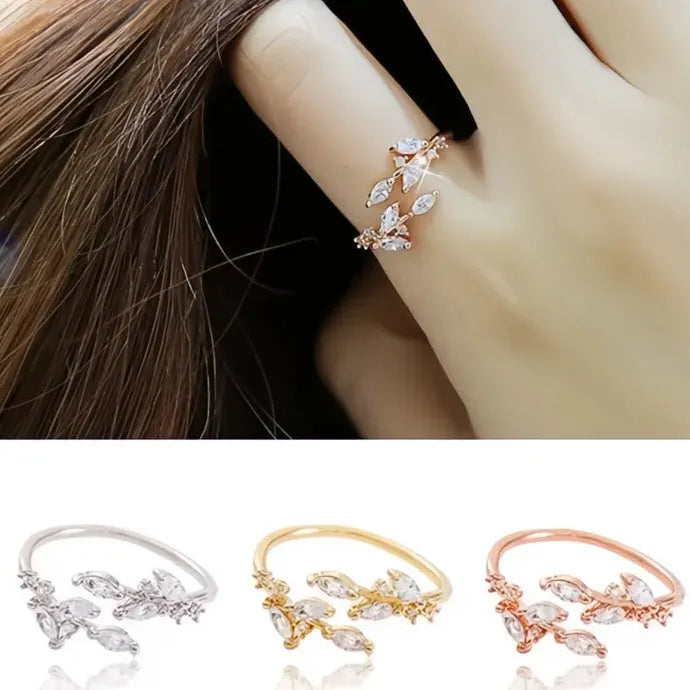 Women’s Wedding Ring Branch Leaves Opening 3 Metal Colors Brass CZ Band