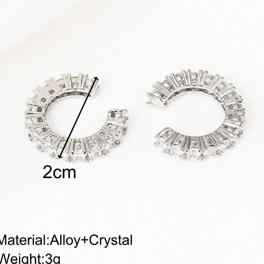 2Pcs Zinc Alloy Full Rhinestone Geometric C Shape Clip Earrings Women