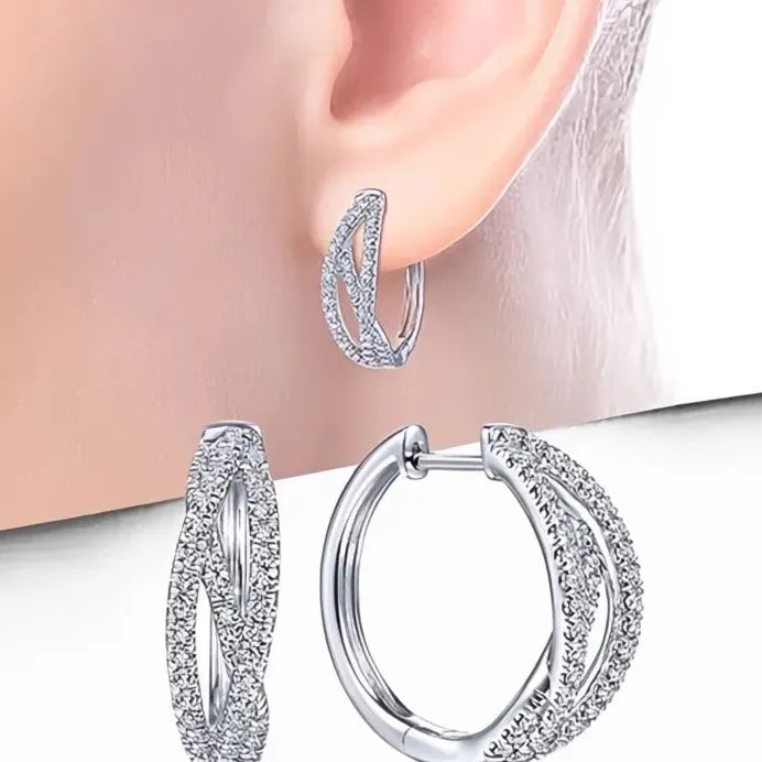 Geometric Twist Hoop Earrings with Cubic Zirconia Silver Tone Jewelry