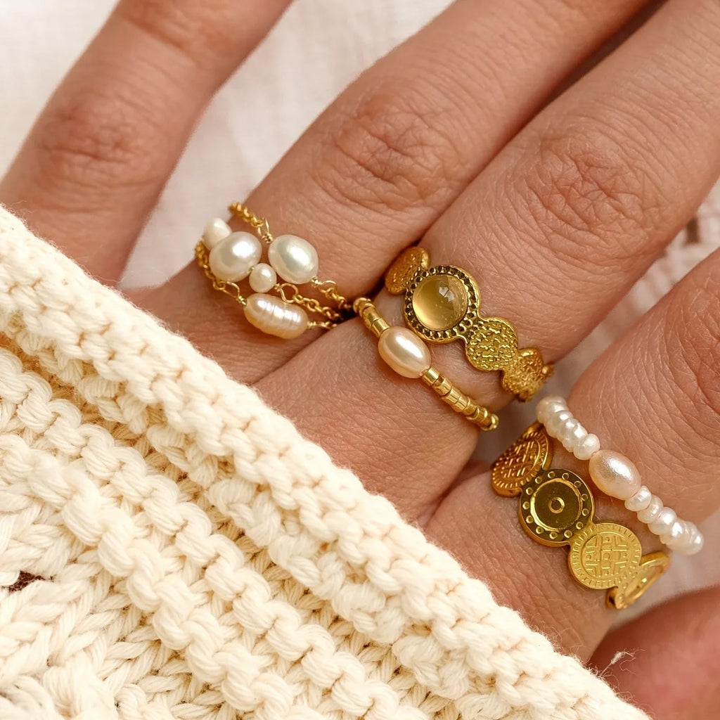 18k Gold Plated Stainless Steel Freshwater Pearl Ring for Women Bride Gift