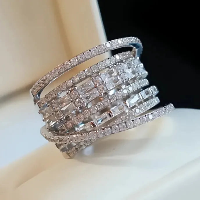 Fashion Multilayered Wide Geometric Cubic Zirconia Ring Brass Wedding Party Jewelry for Women