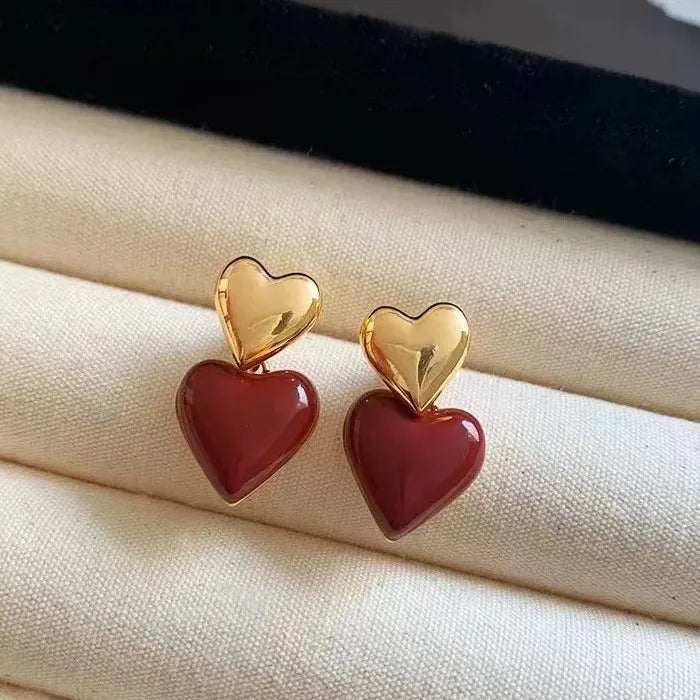 Red Heart Dripping Oil Dangle Earrings for Women Girls Zinc Alloy Enamel