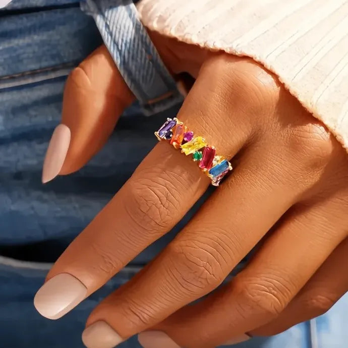 Trendy Geometric Brass Ring with Colorful CZ for Women Party Accessories