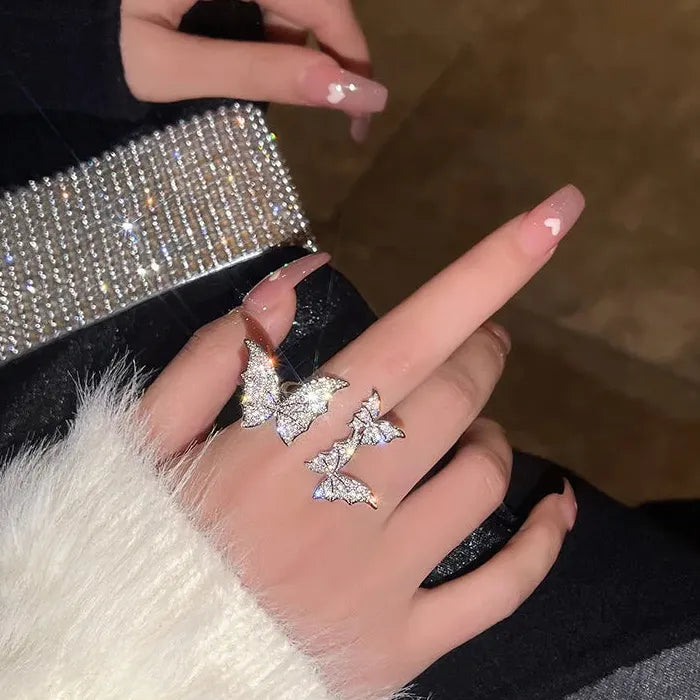 Adjustable Luxury Silver Butterfly Zircon Ring for Women Fashion Jewelry