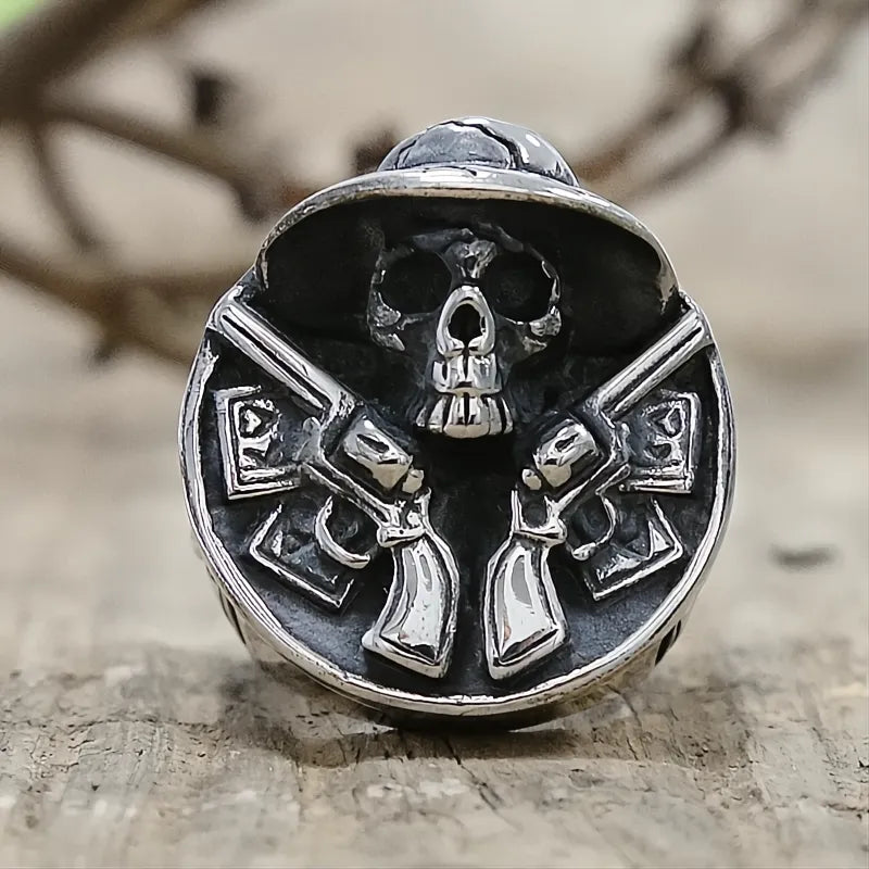 Vintage Cowboy Double Gun Skull Ring Men’s 316L Stainless Steel Punk Biker Hip Hop Jewelry