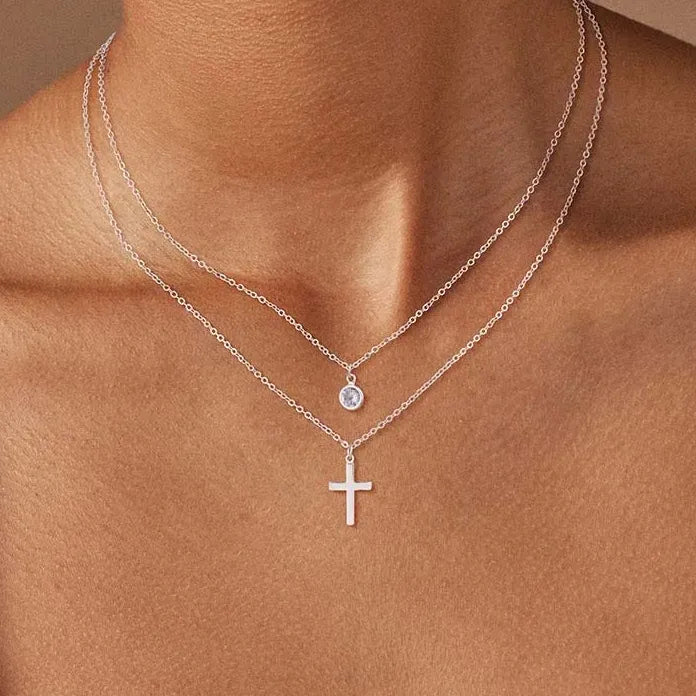 Stainless Steel Gold Cross Pendant Necklace for Women Double Layer Chain Jewelry Gift