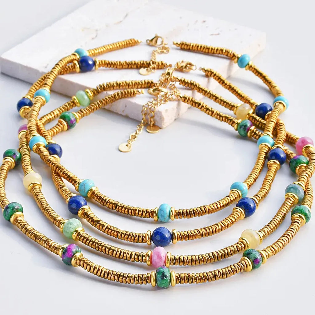Boho Handmade Bead Stained Glass 18K Gold Plated Stainless Steel Choker Necklace Women