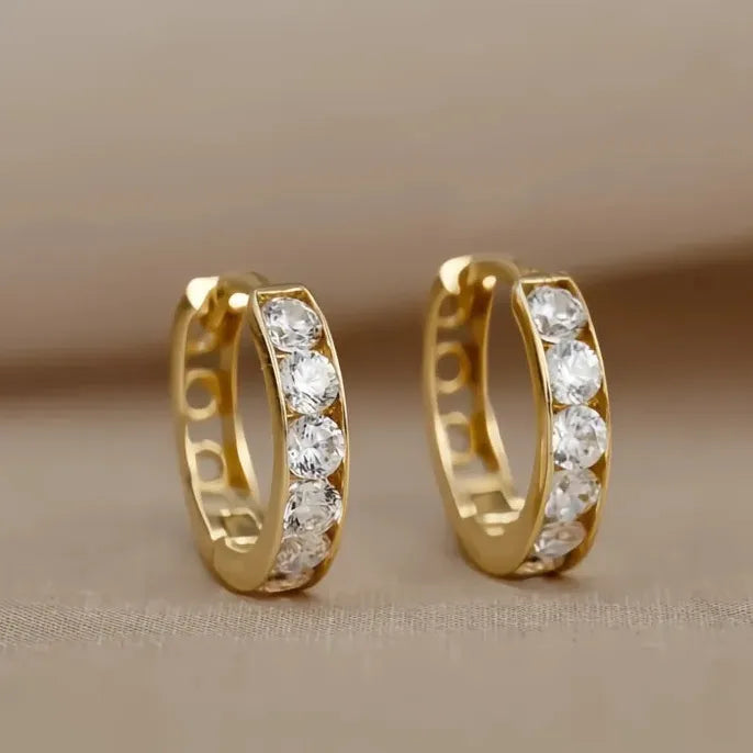 Gold Cubic Zirconia Hollow Hoop Earrings Copper Alloy Jewelry