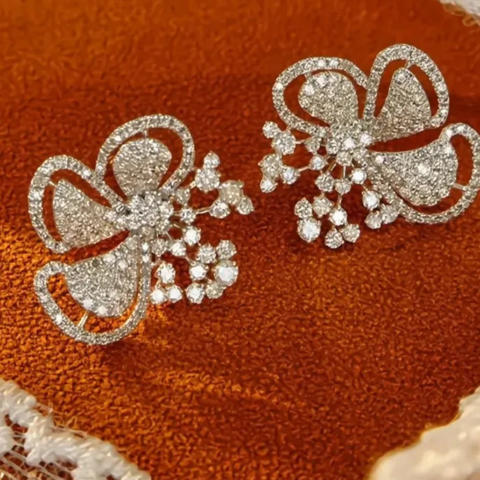 Cubic Zirconia Plant Flower Stud Earrings Silver Jewelry for Women
