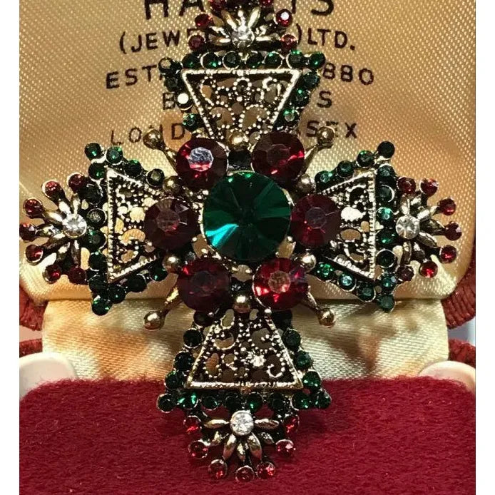 Vintage Maltese Cross Brooch Pendant with Red and Green Crystals