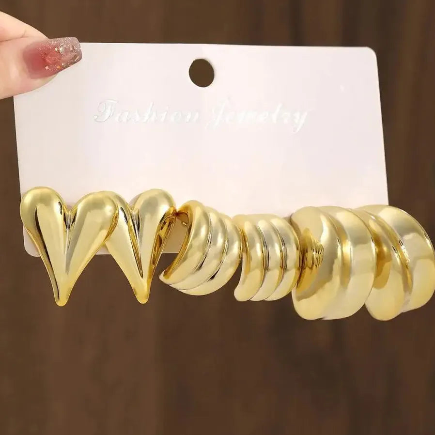6Pcs Gold Heart Bear Drop Earrings Women Twisted Metal C-Shape Jewelry Gift