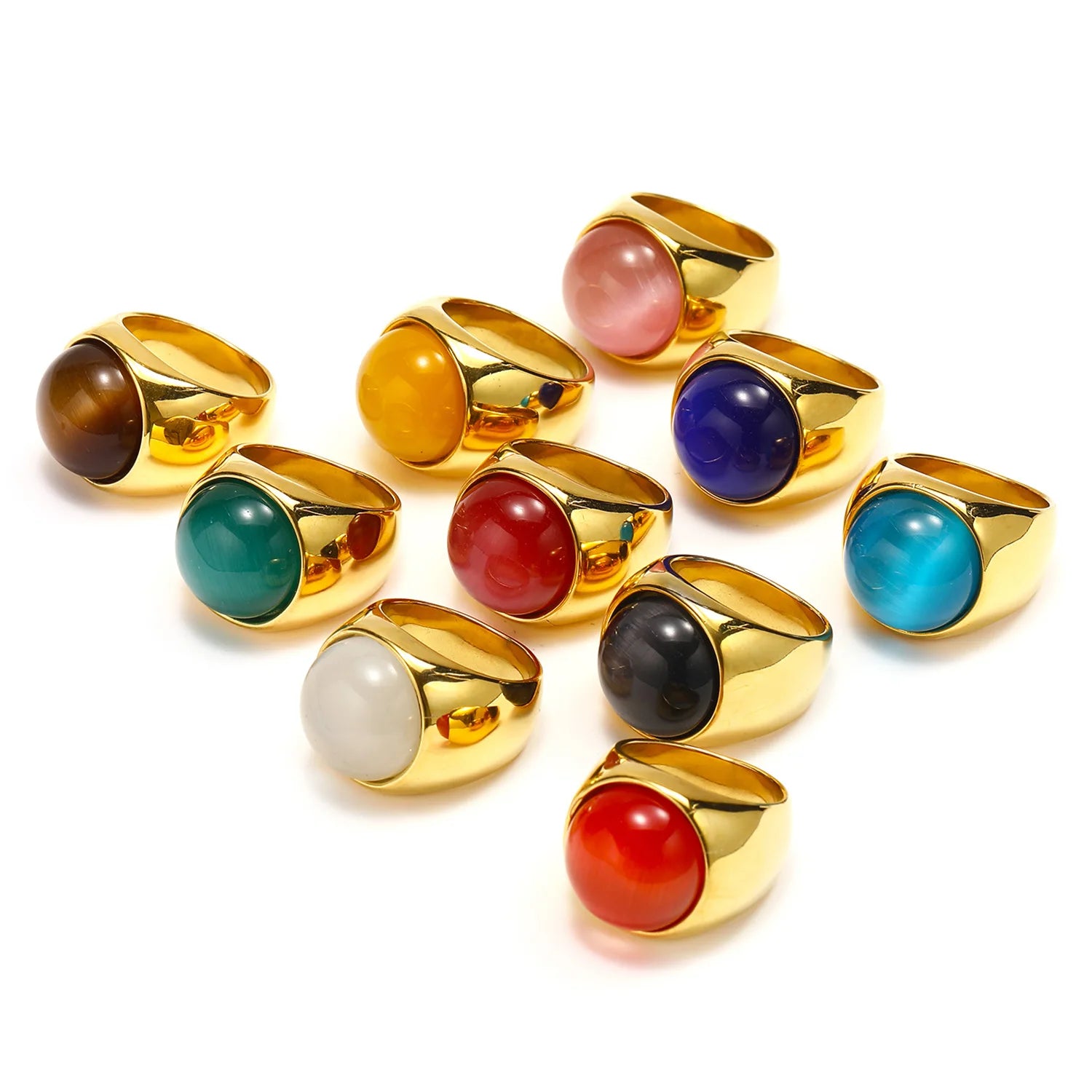 18K Gold Plated Stainless Steel Opal Ring Chunky Geometric Wedding Band Hypoallergenic