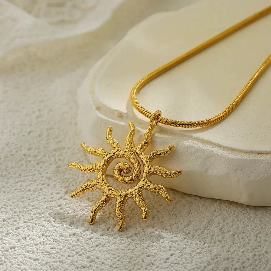 18K Gold Plated Stainless Steel Spiral Sun Pendant Necklace Choker Women Gift