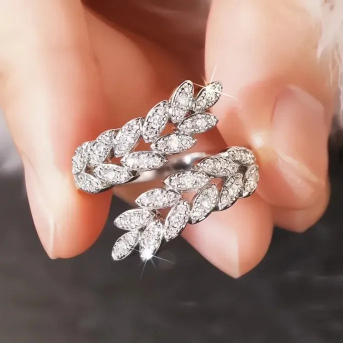 Adjustable Brass Wedding Ring with CZ Leaf Design for Women