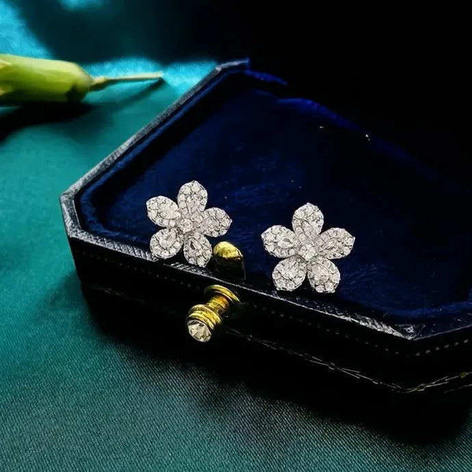 Silver Cubic Zirconia Geometric Flower Earrings for Women Birthday Gift